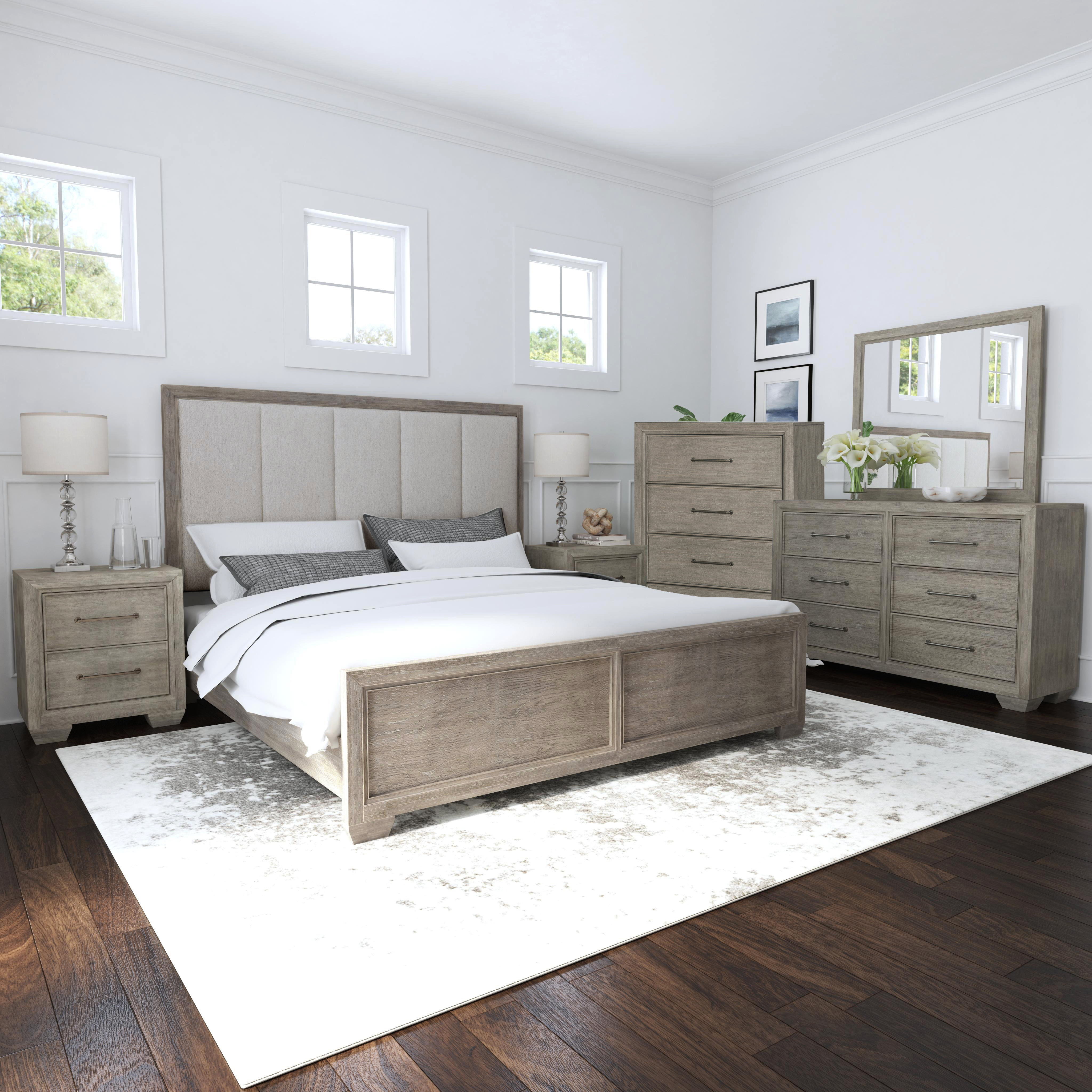 Roundhill Furniture Ennesley Gray Wood Bedroom Set With Upholstered Panel Queen Bed Dresser Mirror 2 Nightstand And Chest Reviews Wayfair